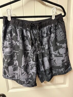 Men's Black & Gray Graphic Athletic Shorts with Drawstring